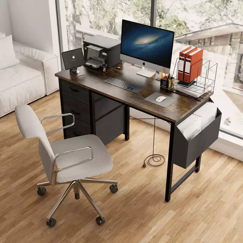 Okak Bureau d'ordinateur moderne pour la maison avec tiroirs et étagères, bureau d'écriture pour adolescents avec sac latéral pour l'étude, le bureau, le studio