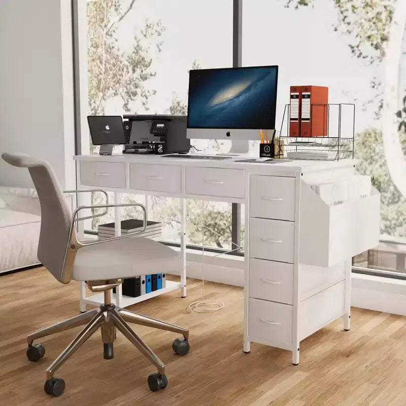 Okak Bureau d'ordinateur moderne pour la maison avec tiroirs et étagères, bureau d'écriture pour adolescents avec sac latéral pour l'étude, le bureau, le studio