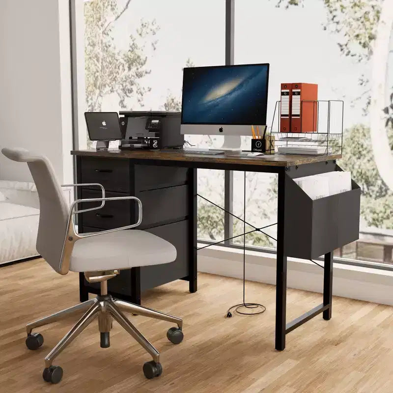 Okak Bureau d'ordinateur moderne pour la maison avec tiroirs et étagères, bureau d'écriture pour adolescents avec sac latéral pour l'étude, le bureau, le studio