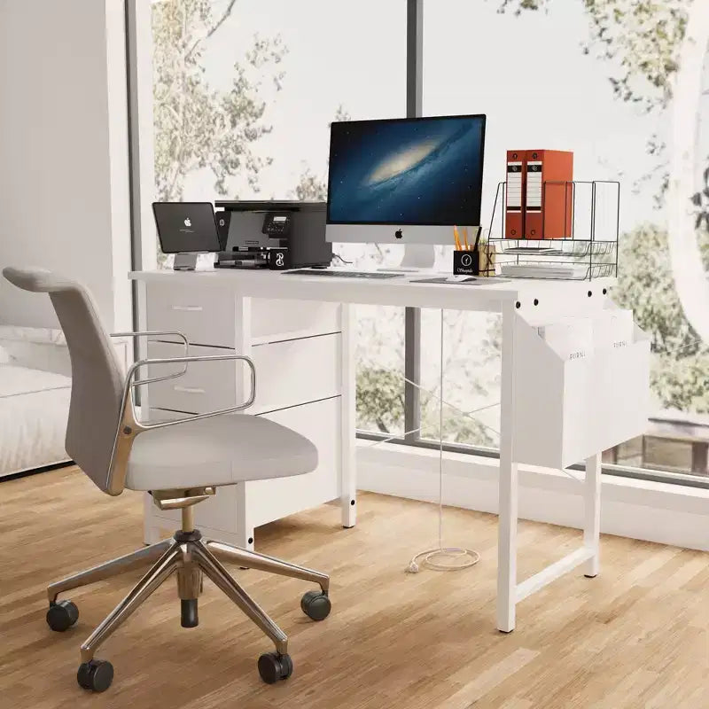 Okak Bureau d'ordinateur moderne pour la maison avec tiroirs et étagères, bureau d'écriture pour adolescents avec sac latéral pour l'étude, le bureau, le studio