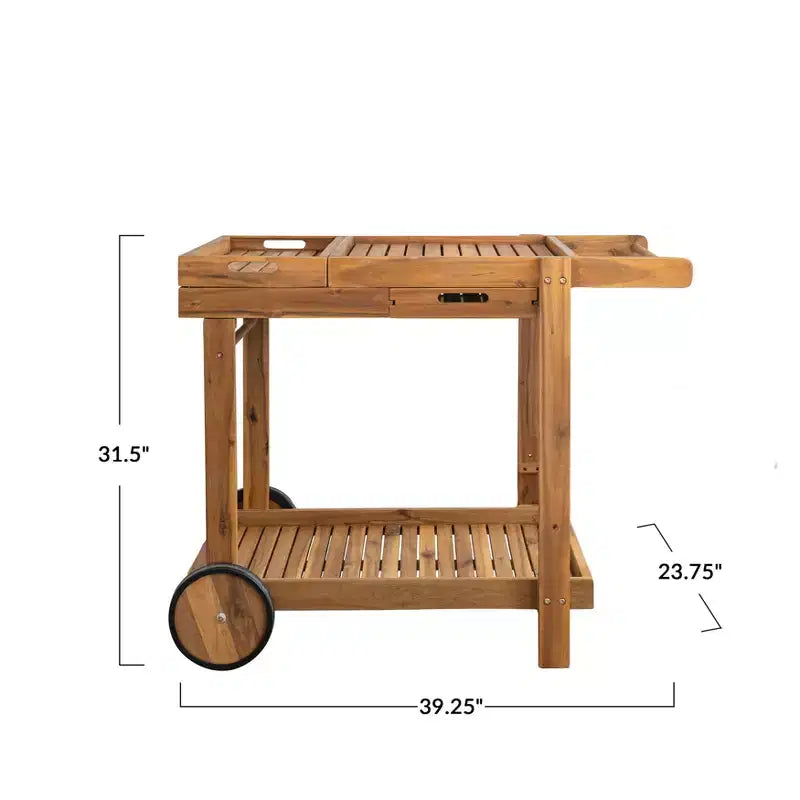 Chariot de bar à roulettes Storied Home, en bois d'acacia, à 2 niveaux, avec plateau amovible et tiroir, usage intérieur/extérieur, naturel
