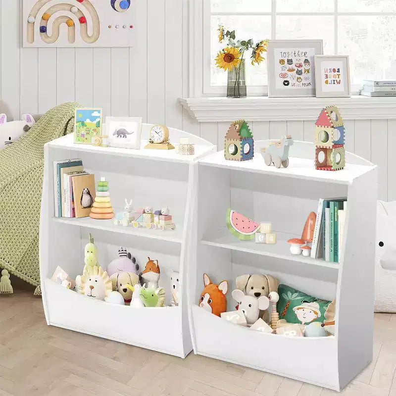Étagère à livres et meuble de rangement pour jouets, organisateur de jouets pour salle de jeux, meuble de rangement à jouets en bois à 2 niveaux pour chambres d'enfants, salon, chambre à coucher