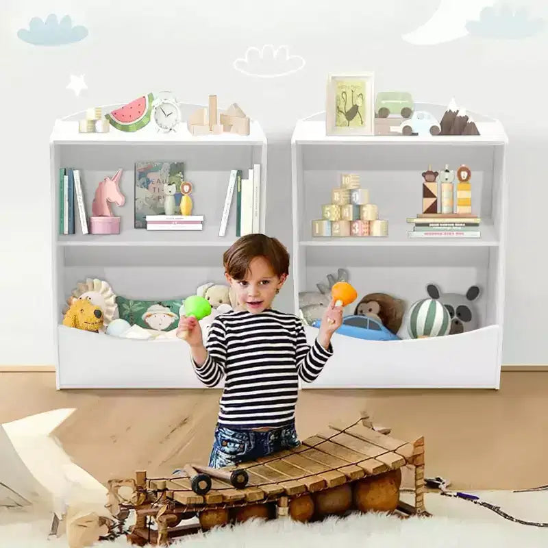 Étagère à livres et meuble de rangement pour jouets, organisateur de jouets pour salle de jeux, meuble de rangement à jouets en bois à 2 niveaux pour chambres d'enfants, salon, chambre à coucher