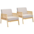 Mid Century Modern Accent Chair, Comfy Living Room Chairs with Sturdy Wood Legs, Rattan Backrest & Beige Thick Linen Cushion, Armchair (2 PCS)