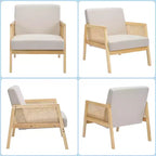 Fauteuil d'appoint Mid-Century Moderne, Chaises de salon confortables avec pieds en bois robustes, dossier en rotin et coussin épais en lin beige, Fauteuil (2 pièces)
