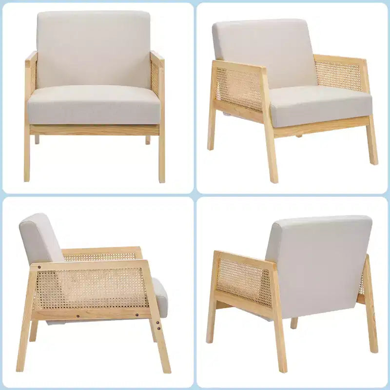 Fauteuil d'appoint Mid-Century Moderne, Chaises de salon confortables avec pieds en bois robustes, dossier en rotin et coussin épais en lin beige, Fauteuil (2 pièces)