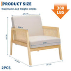 Fauteuil d'appoint Mid-Century Moderne, Chaises de salon confortables avec pieds en bois robustes, dossier en rotin et coussin épais en lin beige, Fauteuil (2 pièces)
