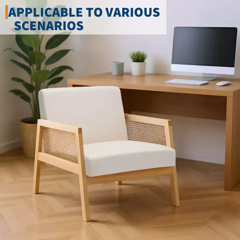 Fauteuil d'appoint Mid-Century Moderne, Chaises de salon confortables avec pieds en bois robustes, dossier en rotin et coussin épais en lin beige, Fauteuil (2 pièces)