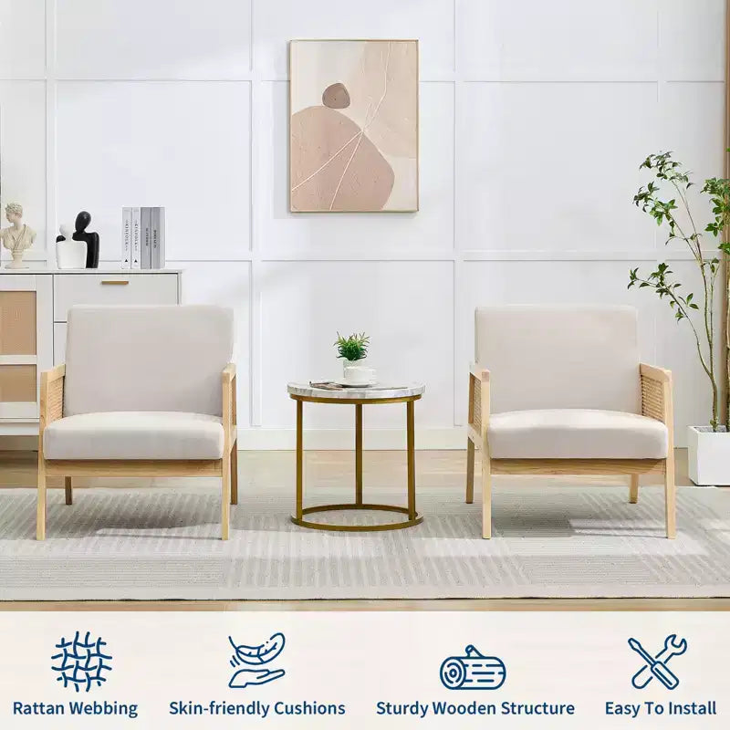 Fauteuil d'appoint Mid-Century Moderne, Chaises de salon confortables avec pieds en bois robustes, dossier en rotin et coussin épais en lin beige, Fauteuil (2 pièces)