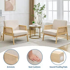 Fauteuil d'appoint Mid-Century Moderne, Chaises de salon confortables avec pieds en bois robustes, dossier en rotin et coussin épais en lin beige, Fauteuil (2 pièces)