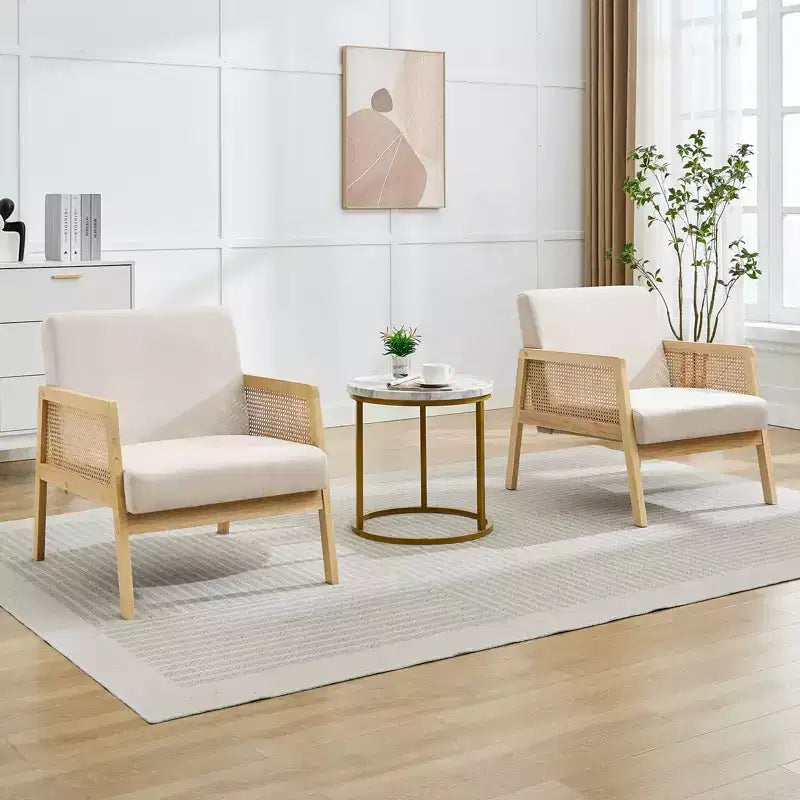Fauteuil d'appoint Mid-Century Moderne, Chaises de salon confortables avec pieds en bois robustes, dossier en rotin et coussin épais en lin beige, Fauteuil (2 pièces)