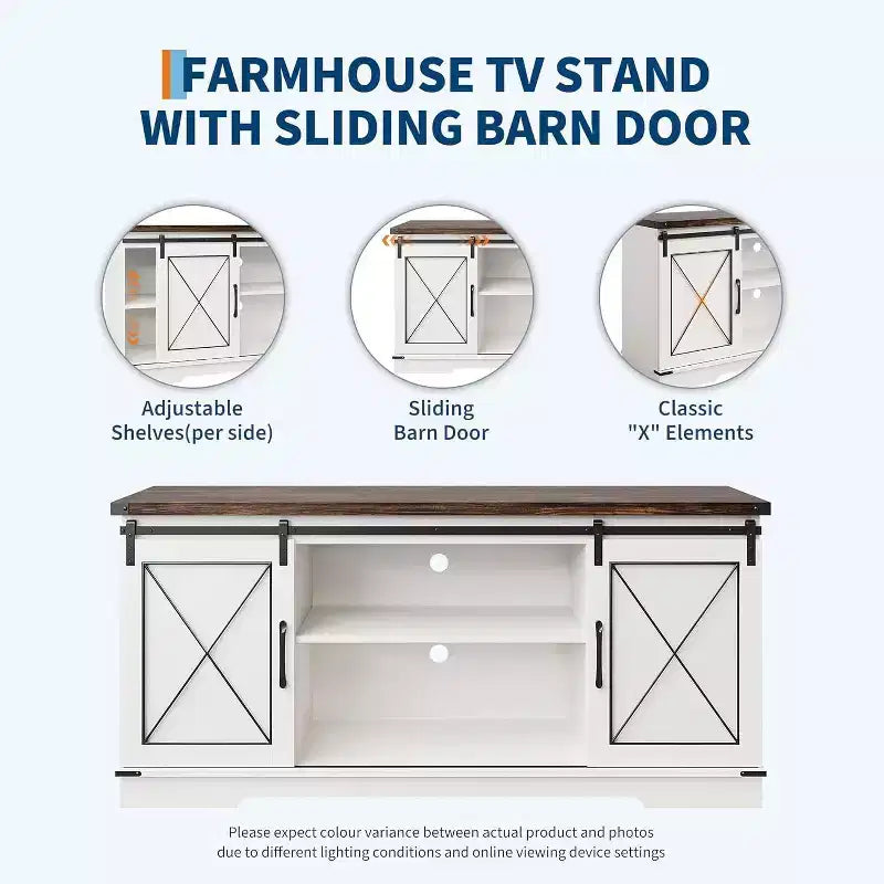 Meuble TV de ferme et centre de divertissement pour téléviseurs jusqu'à 65 pouces avec portes coulissantes type grange et étagère réglable, pour salon, chambre à coucher