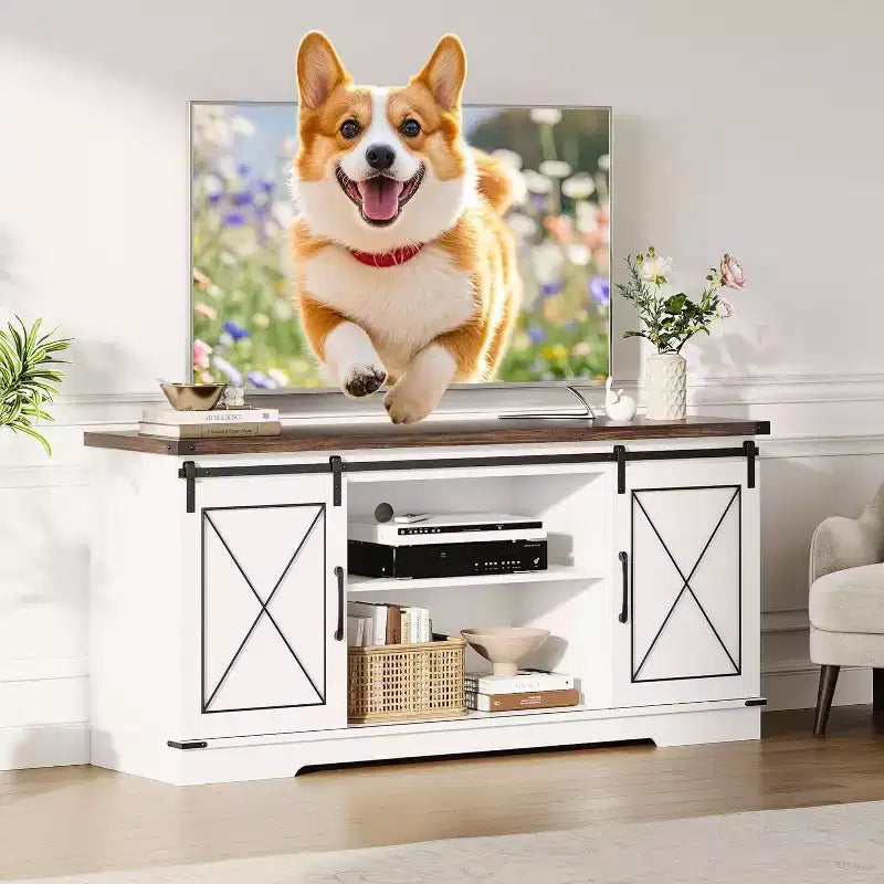 Meuble TV de ferme et centre de divertissement pour téléviseurs jusqu'à 65 pouces avec portes coulissantes type grange et étagère réglable, pour salon, chambre à coucher