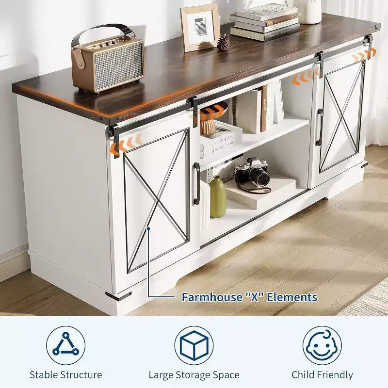Meuble TV de ferme et centre de divertissement pour téléviseurs jusqu'à 65 pouces avec portes coulissantes type grange et étagère réglable, pour salon, chambre à coucher
