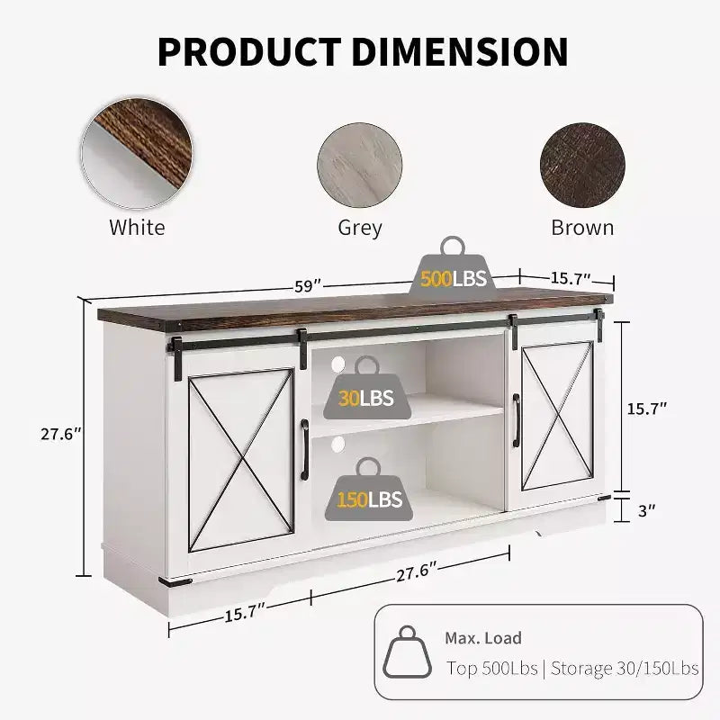 Meuble TV de ferme et centre de divertissement pour téléviseurs jusqu'à 65 pouces avec portes coulissantes type grange et étagère réglable, pour salon, chambre à coucher