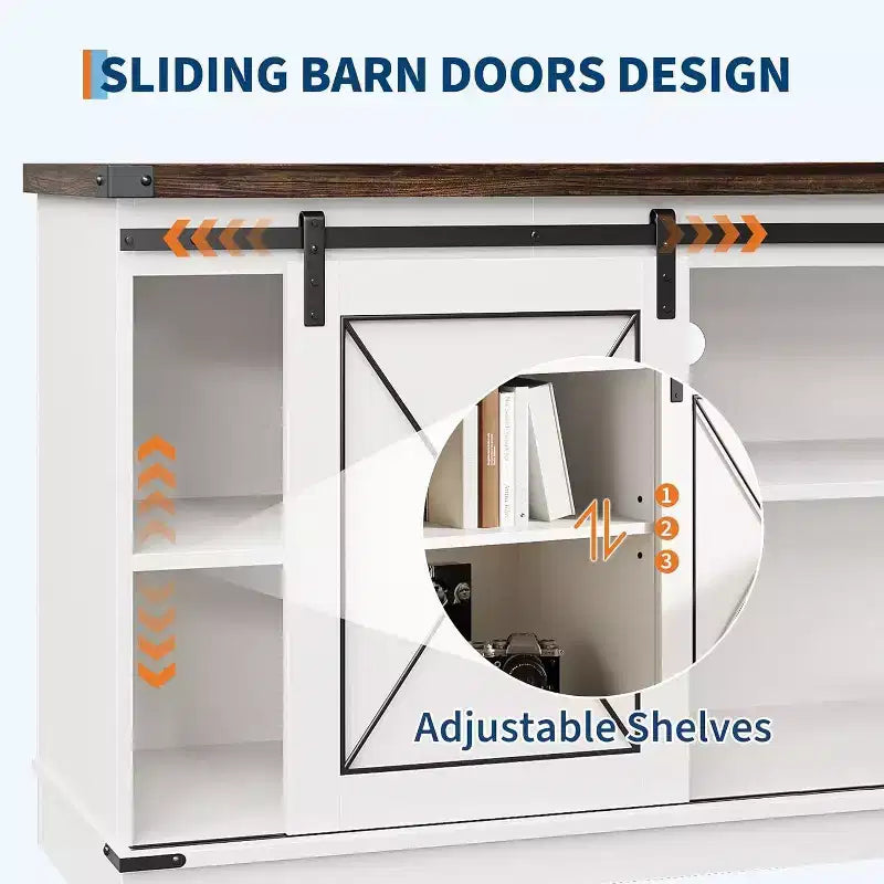 Meuble TV de ferme et centre de divertissement pour téléviseurs jusqu'à 65 pouces avec portes coulissantes type grange et étagère réglable, pour salon, chambre à coucher