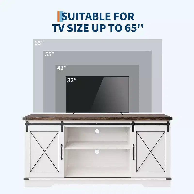 Meuble TV de ferme et centre de divertissement pour téléviseurs jusqu'à 65 pouces avec portes coulissantes type grange et étagère réglable, pour salon, chambre à coucher