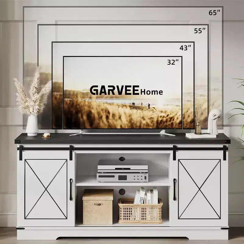 Meuble TV de ferme et centre de divertissement pour téléviseurs jusqu'à 65 pouces avec portes coulissantes type grange et étagère réglable, pour salon, chambre à coucher