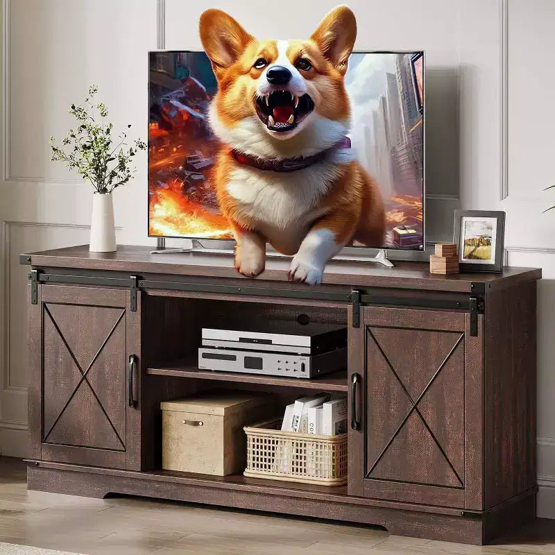 Meuble TV de ferme et centre de divertissement pour téléviseurs jusqu'à 65 pouces avec portes coulissantes type grange et étagère réglable, pour salon, chambre à coucher