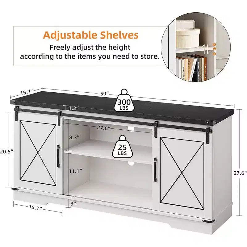 Meuble TV de ferme et centre de divertissement pour téléviseurs jusqu'à 65 pouces avec portes coulissantes type grange et étagère réglable, pour salon, chambre à coucher