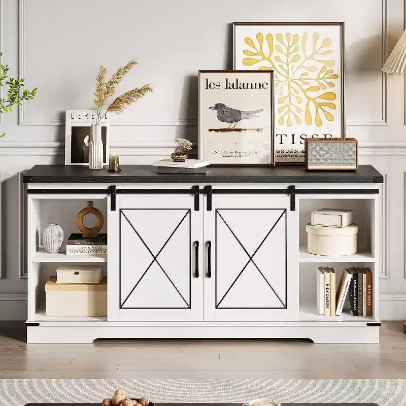 Meuble TV de ferme et centre de divertissement pour téléviseurs jusqu'à 65 pouces avec portes coulissantes type grange et étagère réglable, pour salon, chambre à coucher