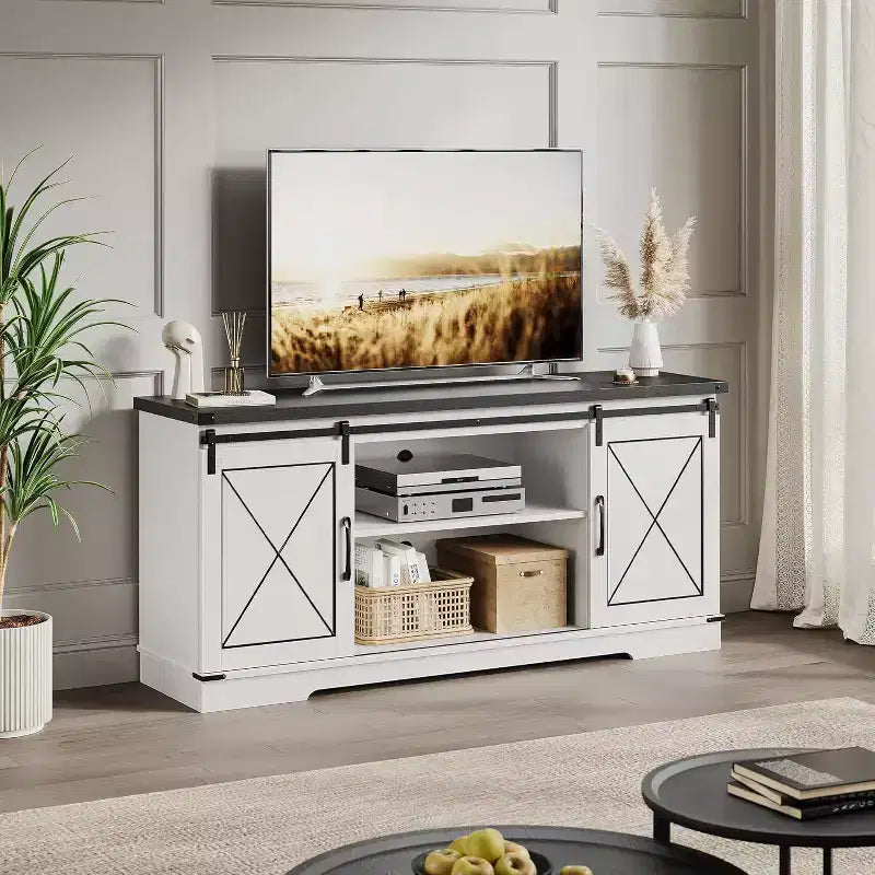 Meuble TV de ferme et centre de divertissement pour téléviseurs jusqu'à 65 pouces avec portes coulissantes type grange et étagère réglable, pour salon, chambre à coucher