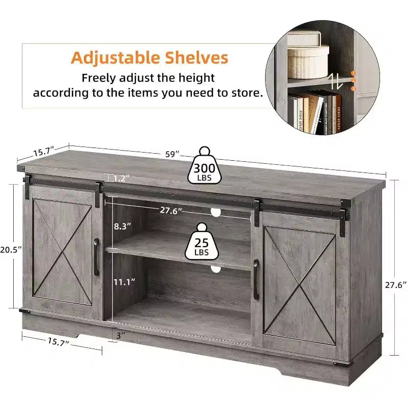 Meuble TV de ferme et centre de divertissement pour téléviseurs jusqu'à 65 pouces avec portes coulissantes type grange et étagère réglable, pour salon, chambre à coucher