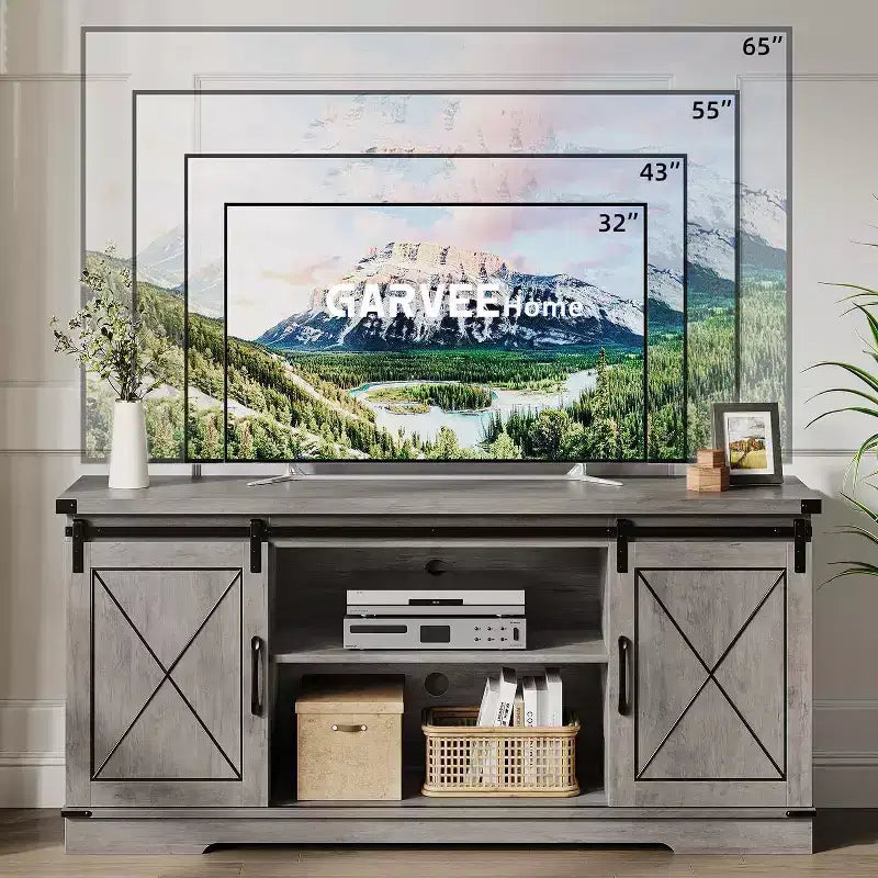 Meuble TV de ferme et centre de divertissement pour téléviseurs jusqu'à 65 pouces avec portes coulissantes type grange et étagère réglable, pour salon, chambre à coucher