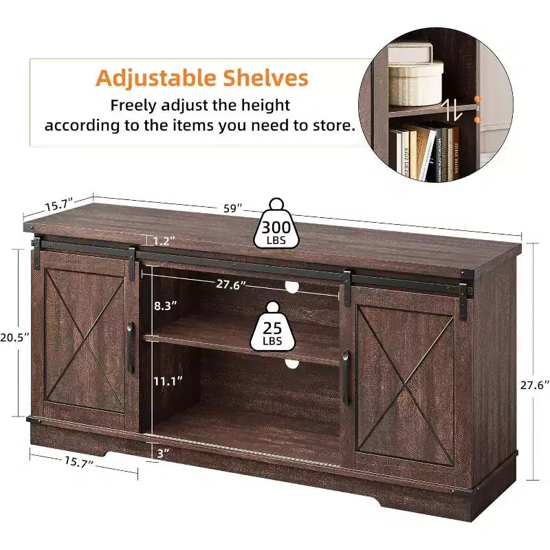 Meuble TV de ferme et centre de divertissement pour téléviseurs jusqu'à 65 pouces avec portes coulissantes type grange et étagère réglable, pour salon, chambre à coucher
