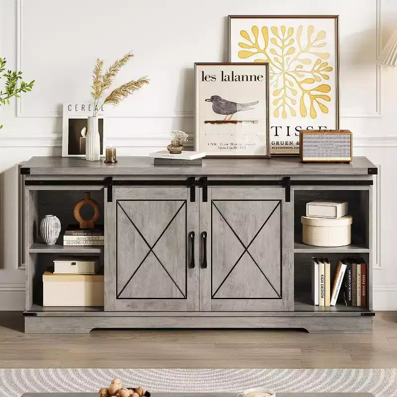 Meuble TV de ferme et centre de divertissement pour téléviseurs jusqu'à 65 pouces avec portes coulissantes type grange et étagère réglable, pour salon, chambre à coucher