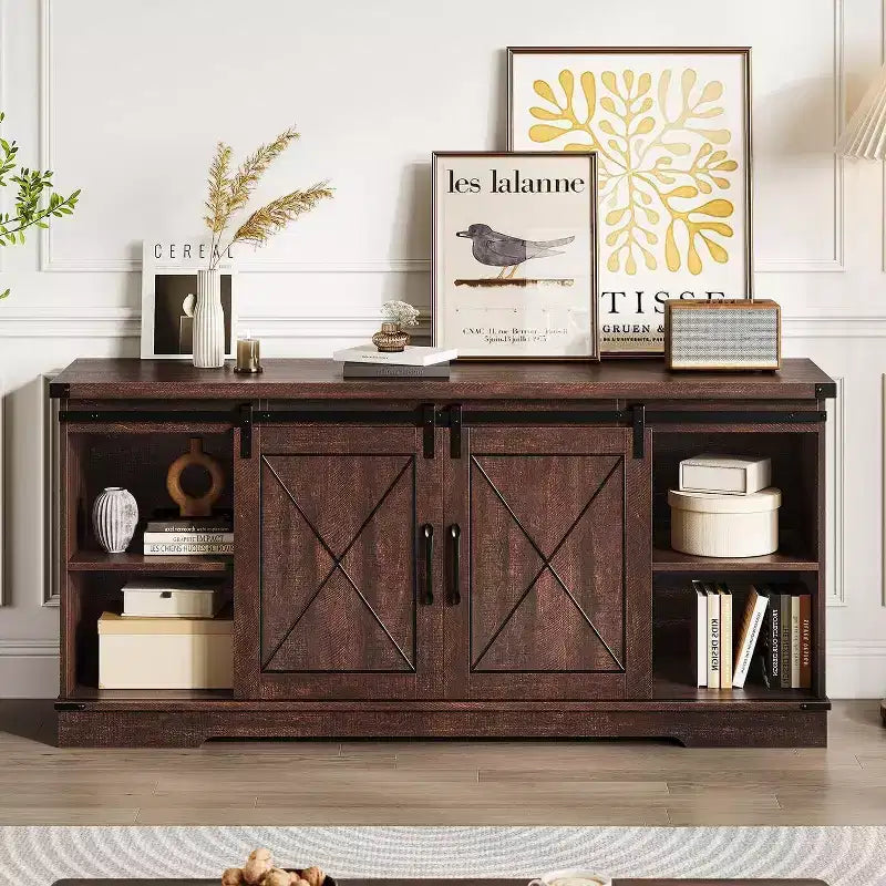 Meuble TV de ferme et centre de divertissement pour téléviseurs jusqu'à 65 pouces avec portes coulissantes type grange et étagère réglable, pour salon, chambre à coucher
