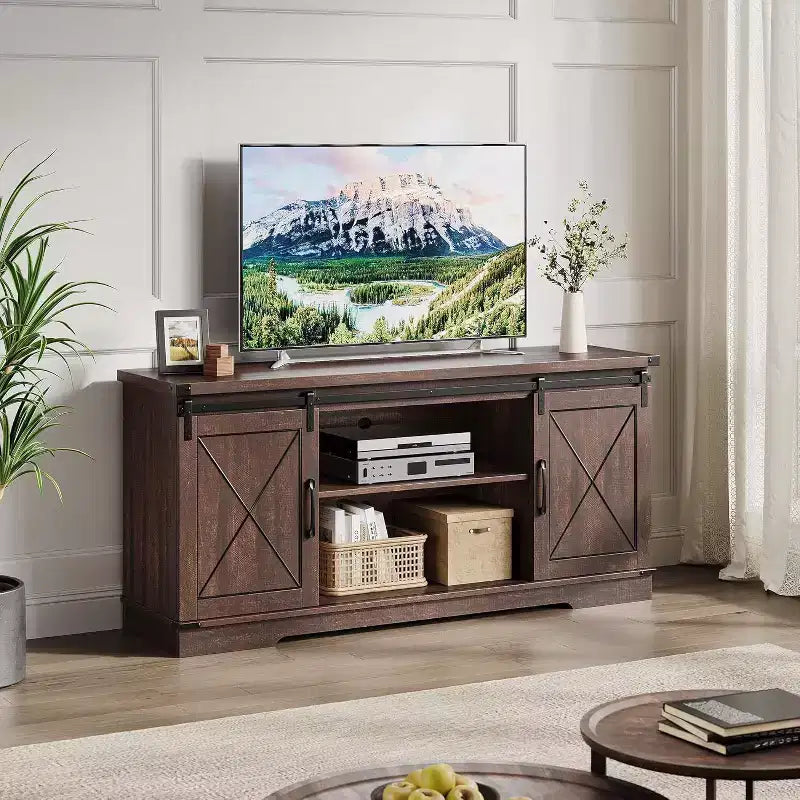 Meuble TV de ferme et centre de divertissement pour téléviseurs jusqu'à 65 pouces avec portes coulissantes type grange et étagère réglable, pour salon, chambre à coucher