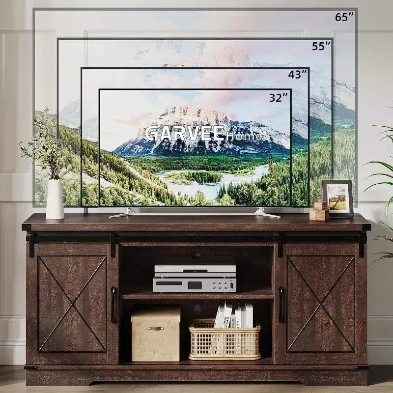 Meuble TV de ferme et centre de divertissement pour téléviseurs jusqu'à 65 pouces avec portes coulissantes type grange et étagère réglable, pour salon, chambre à coucher