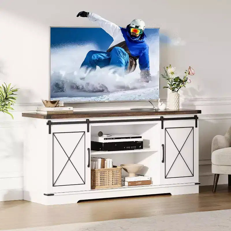 Meuble TV de ferme et centre de divertissement pour téléviseurs jusqu'à 65 pouces avec portes coulissantes type grange et étagère réglable, pour salon, chambre à coucher