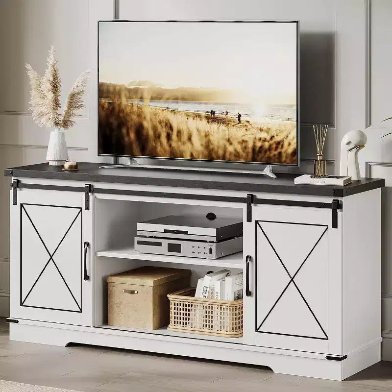 Meuble TV de ferme et centre de divertissement pour téléviseurs jusqu'à 65 pouces avec portes coulissantes type grange et étagère réglable, pour salon, chambre à coucher