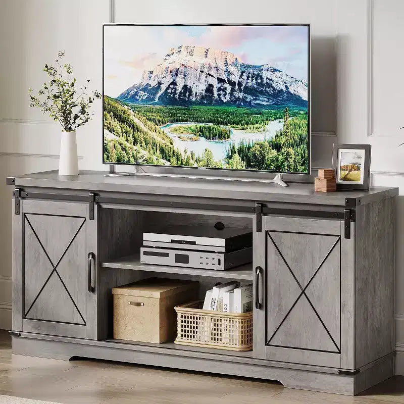 Meuble TV de ferme et centre de divertissement pour téléviseurs jusqu'à 65 pouces avec portes coulissantes type grange et étagère réglable, pour salon, chambre à coucher