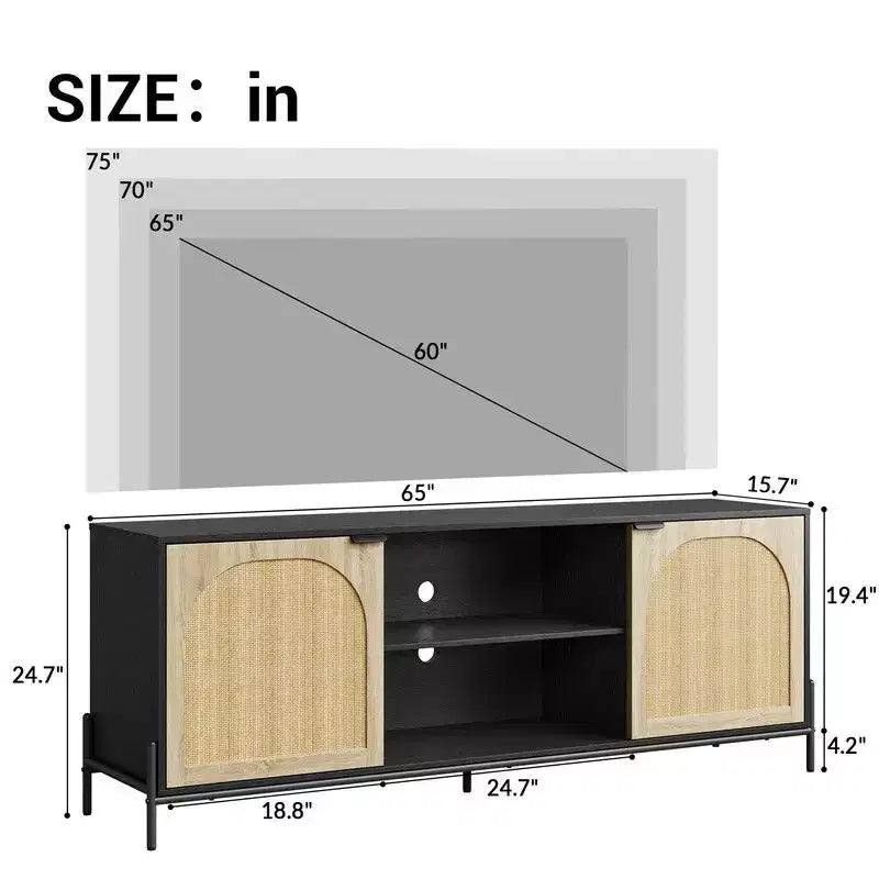 Meuble TV 3 tiroirs pour salon, meuble de rangement, console média en rotin avec pieds en métal