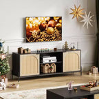 Meuble TV 3 tiroirs pour salon, meuble de rangement, console média en rotin avec pieds en métal