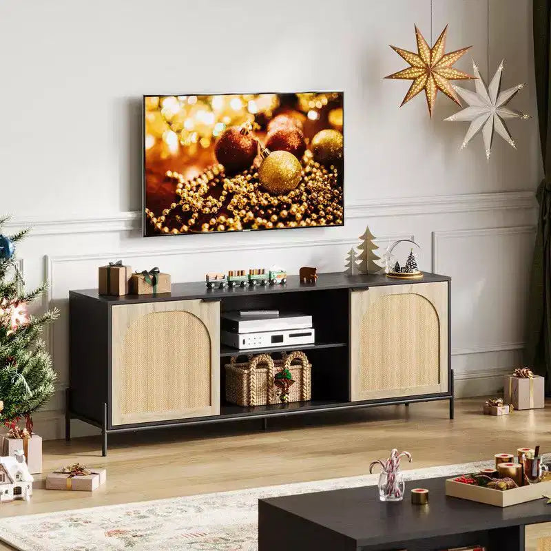Meuble TV 3 tiroirs pour salon, meuble de rangement, console média en rotin avec pieds en métal