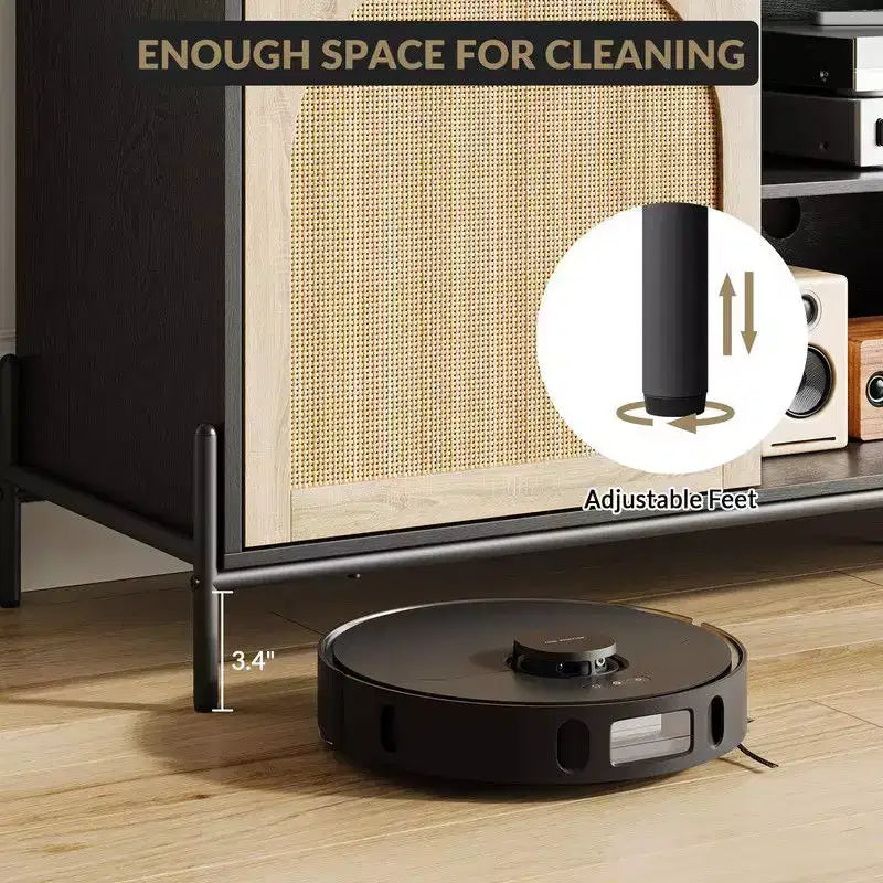 Meuble TV 3 tiroirs pour salon, meuble de rangement, console média en rotin avec pieds en métal