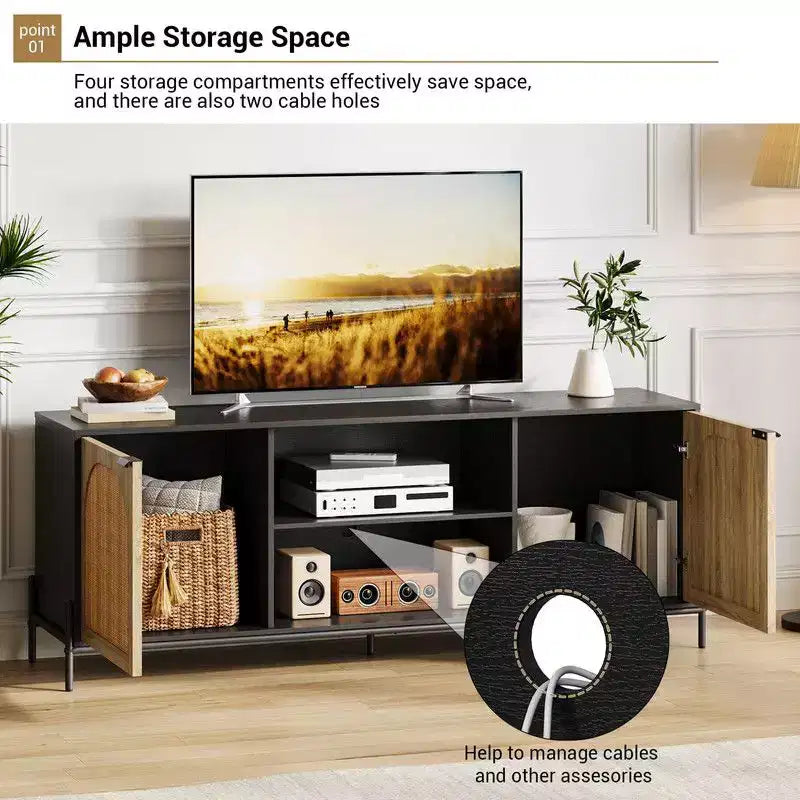 Meuble TV 3 tiroirs pour salon, meuble de rangement, console média en rotin avec pieds en métal