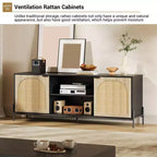 Meuble TV 3 tiroirs pour salon, meuble de rangement, console média en rotin avec pieds en métal