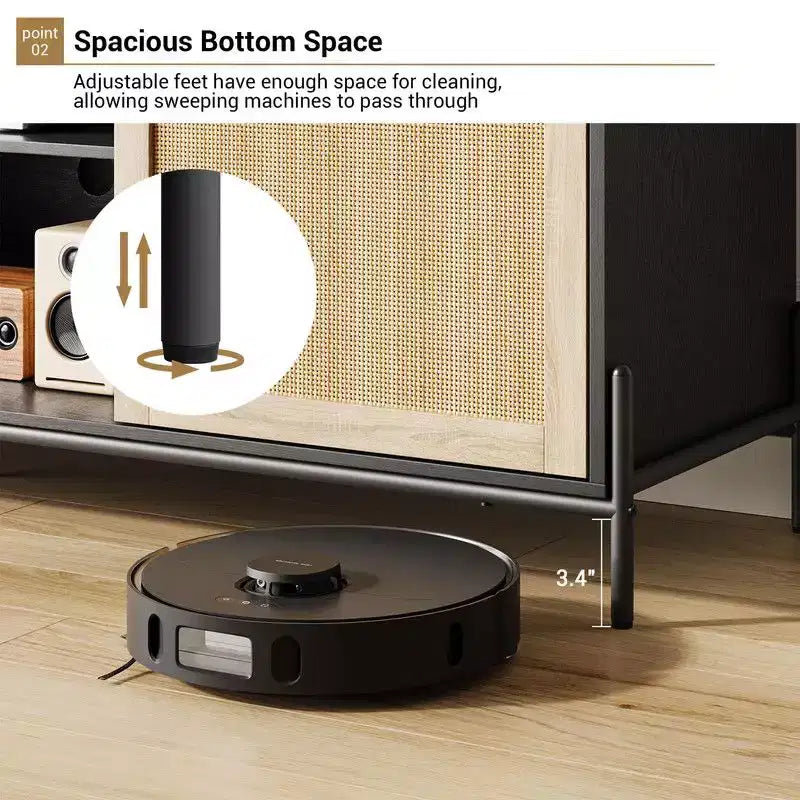 Meuble TV 3 tiroirs pour salon, meuble de rangement, console média en rotin avec pieds en métal