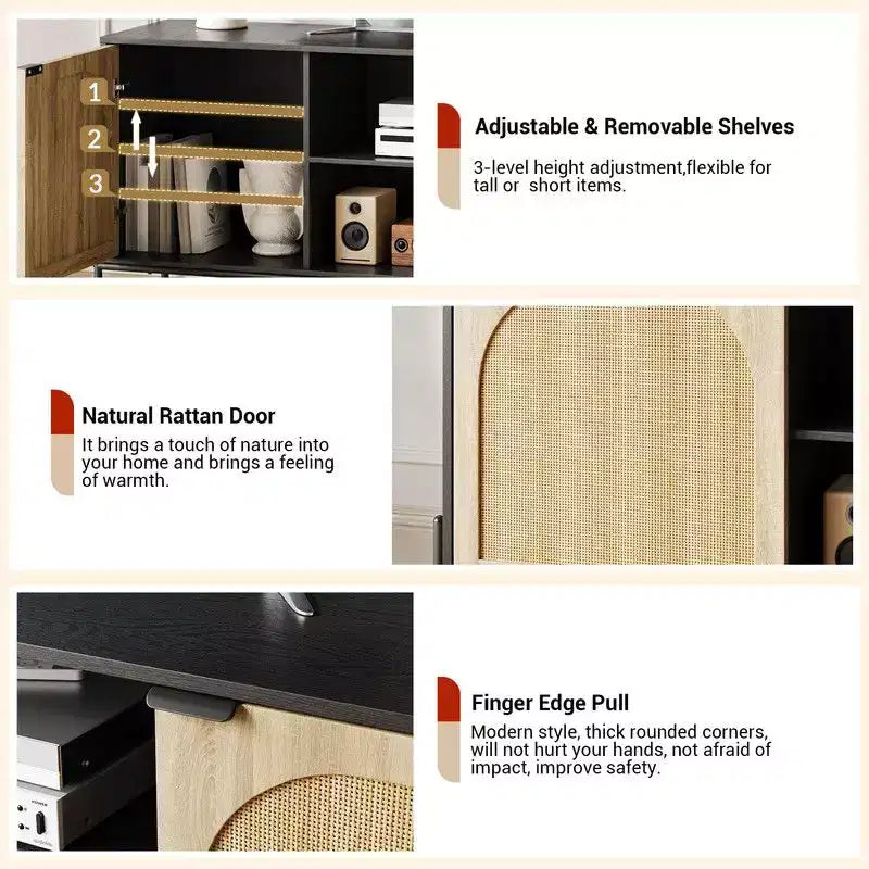 Meuble TV 3 tiroirs pour salon, meuble de rangement, console média en rotin avec pieds en métal