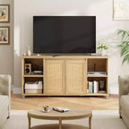 Meuble TV moderne du milieu du siècle avec portes en rotin de 178 cm – Meuble de rangement pour TV de 70 pouces