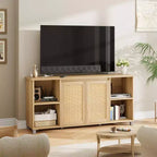 Meuble TV moderne du milieu du siècle avec portes en rotin de 178 cm – Meuble de rangement pour TV de 70 pouces