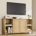 Meuble TV moderne du milieu du siècle avec portes en rotin de 178 cm – Meuble de rangement pour TV de 70 pouces