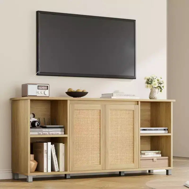 Meuble TV moderne du milieu du siècle avec portes en rotin de 178 cm – Meuble de rangement pour TV de 70 pouces