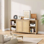 Meuble TV moderne du milieu du siècle avec portes en rotin de 178 cm – Meuble de rangement pour TV de 70 pouces