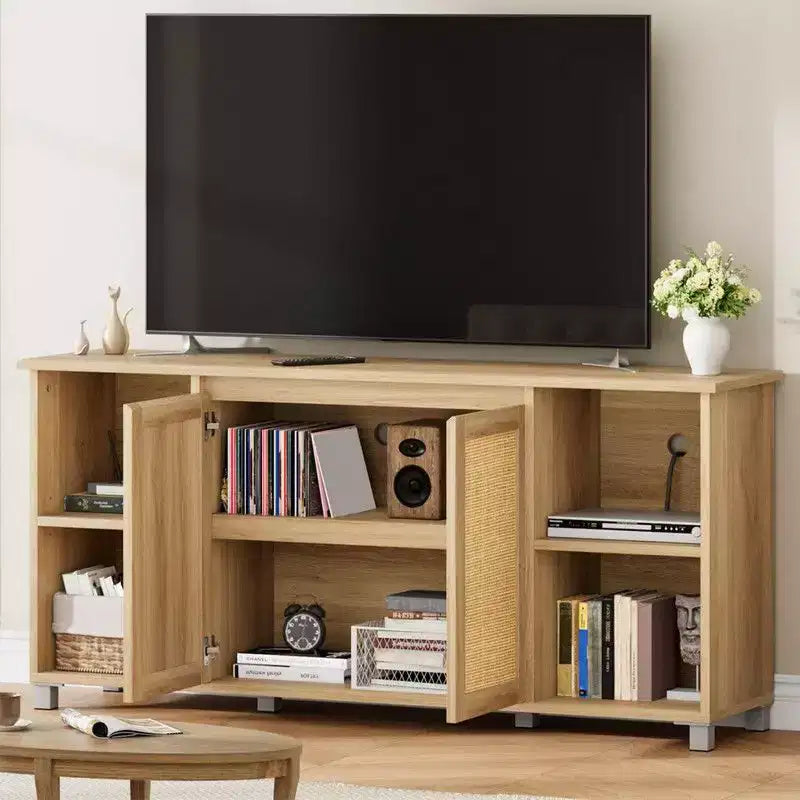 Meuble TV moderne du milieu du siècle avec portes en rotin de 178 cm – Meuble de rangement pour TV de 70 pouces